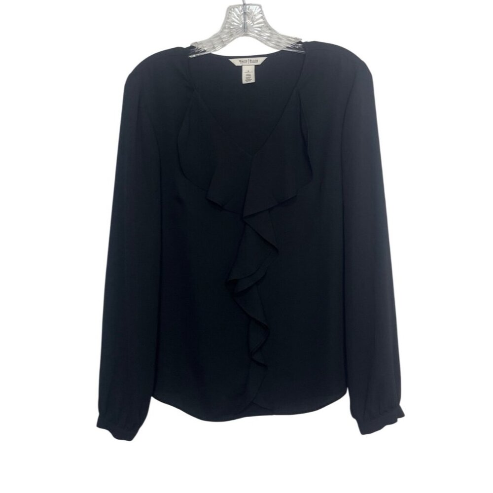 White House Black Market Long Sleeve Blouse Ruffle Vneck Womens Size 6 Black